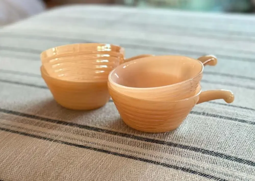 Set of 4 Vintage Fire-King Peach Luster Beehive Handled Soup Bowls
